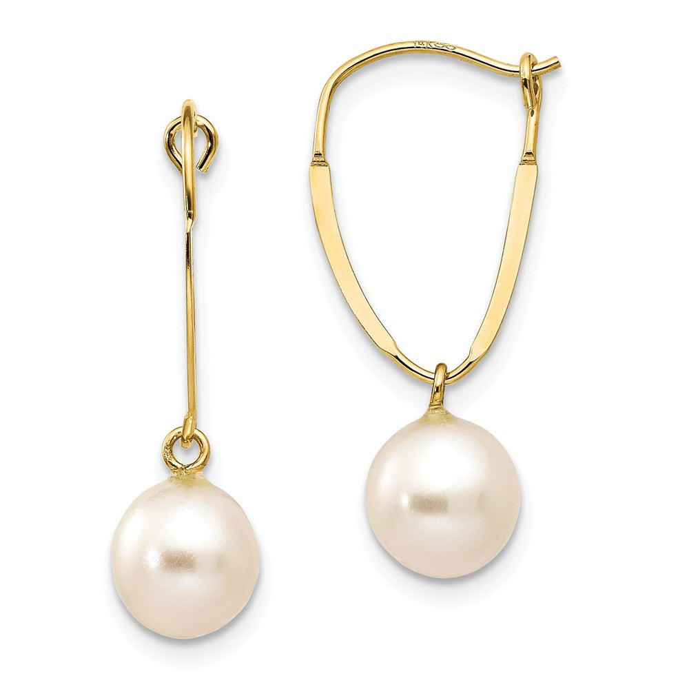 14k Yellow Gold Madi K 6-7mm White Semi-round Freshwater Cultured Pearl Dangle Earrings, 24mm x 7mm