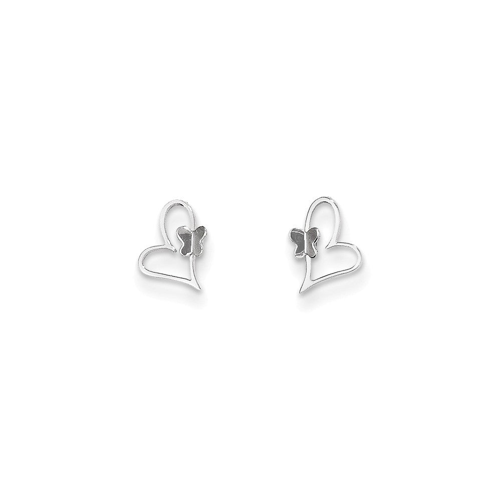 14k White Gold Madi K Heart with Butterfly Post Earrings, 9mm x 6mm