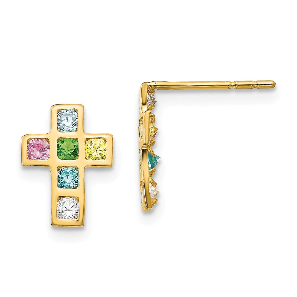 14k Yellow Gold Madi K Multi-colored Cubic Zirconia ( CZ ) Cross Post Earrings, 10mm x 8mm
