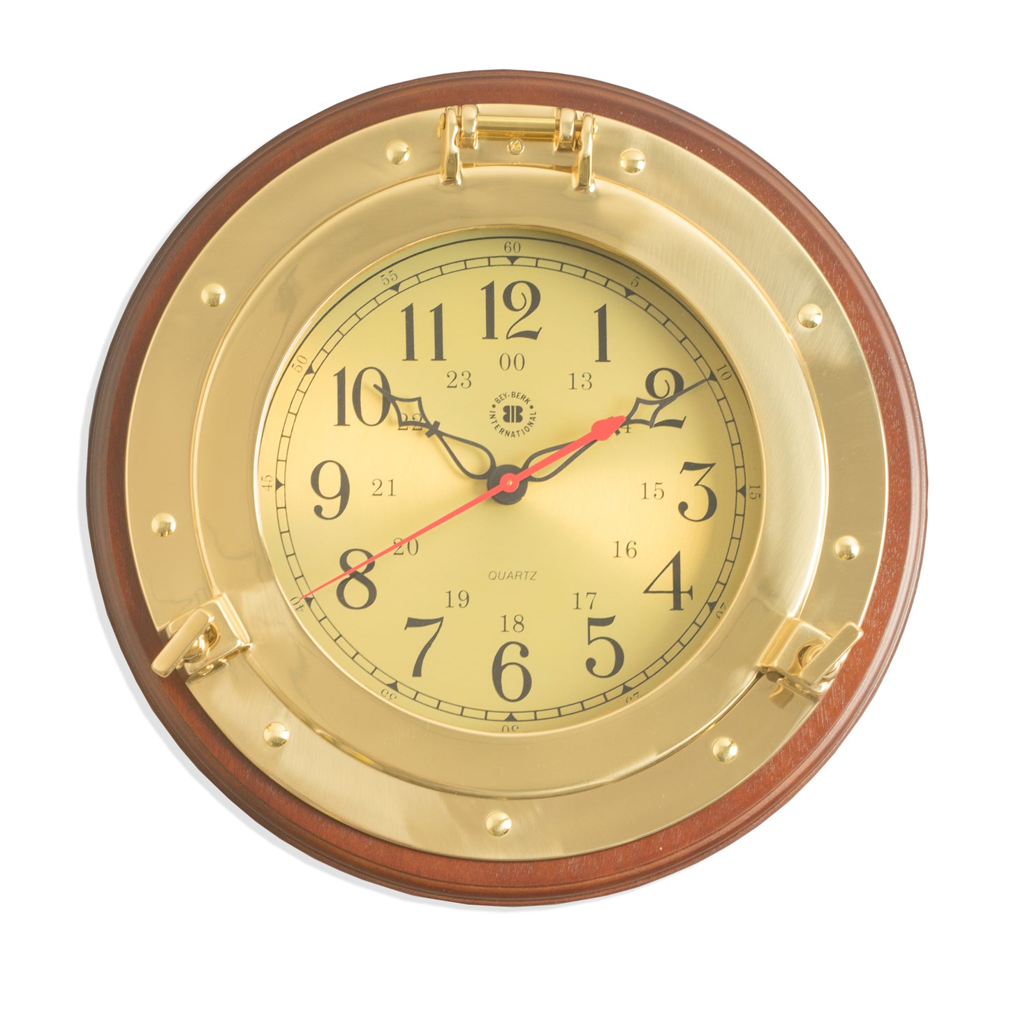 Occasion Gallery Dark Cherry Wood/Gold Color Brass Porthole Quartz Clock on Dark Cherry Wood. 12.5 L x 2.5 W x H in.