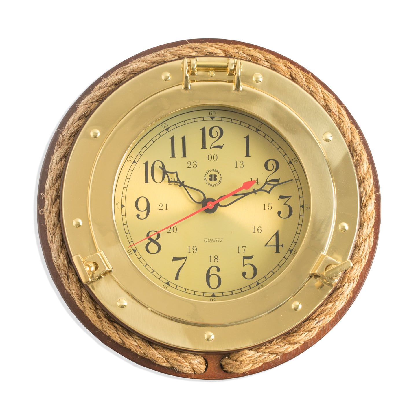 Occasion Gallery Dark Cherry Wood/Gold Color Brass Porthole Quartz Clock with Fisherman's Rope on Dark Cherry Wood. 13.5 L x 2.5 W x H in.