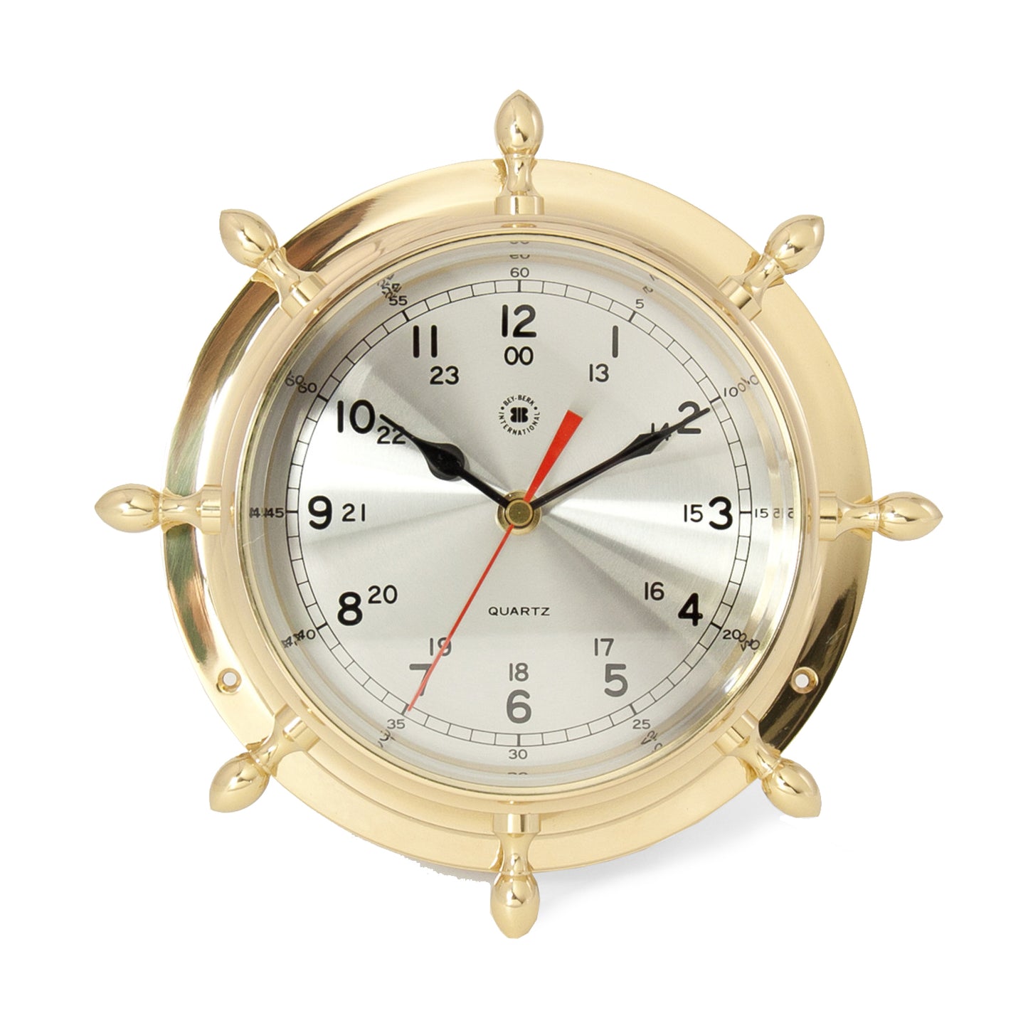 Occasion Gallery Gold Color Lacquered Brass Ship's Wheel Quartz Clock with Beveled Glass. 9.5 L x 2 W x H in.