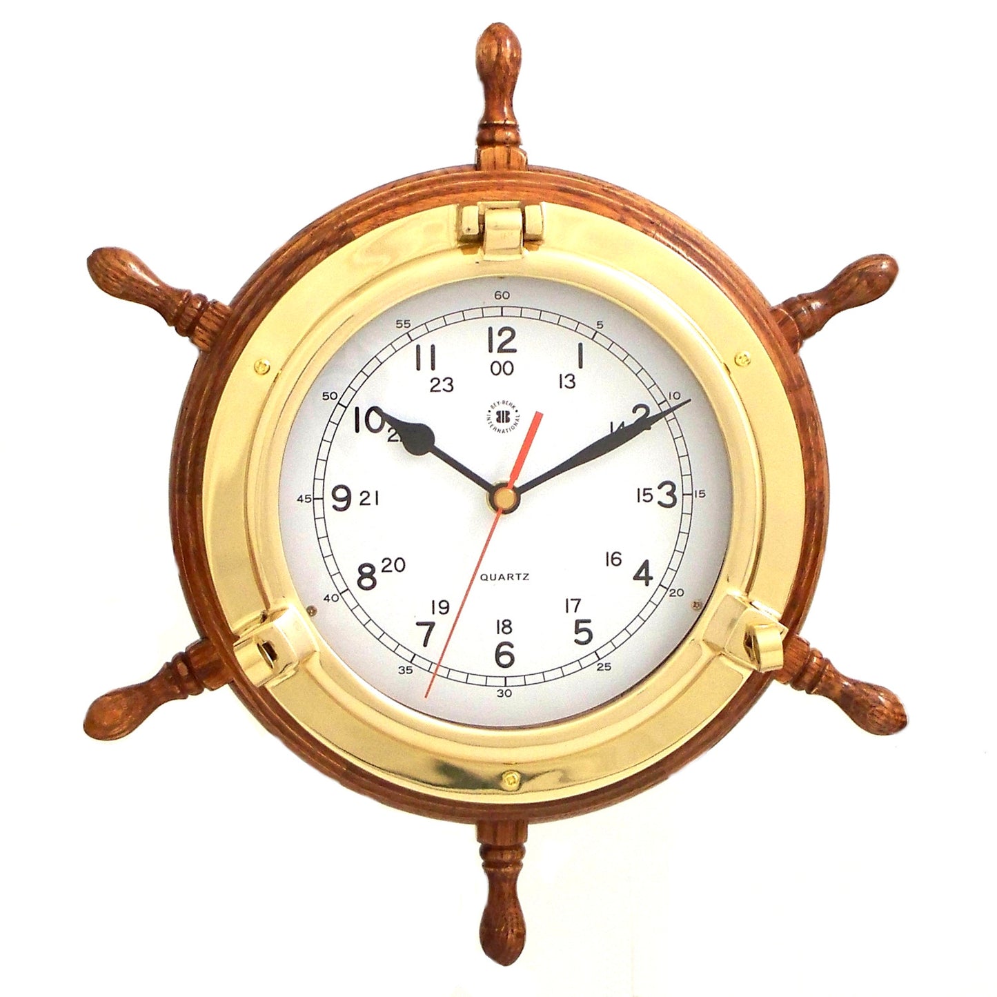 Occasion Gallery Oak Wood/Gold Color Lacquered Brass Porthole Quartz Clock with Ship's Wheel on Oak Wood. 13.5 L x 3.5 W x H in.