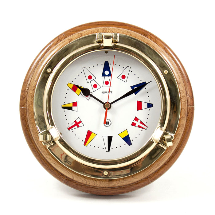Occasion Gallery Oak Wood/Gold Color Lacquered Brass Porthole Quartz Clock with Nautical Flags Dial Face on Oak Wood. 9.5 L x 2 W x  H in.