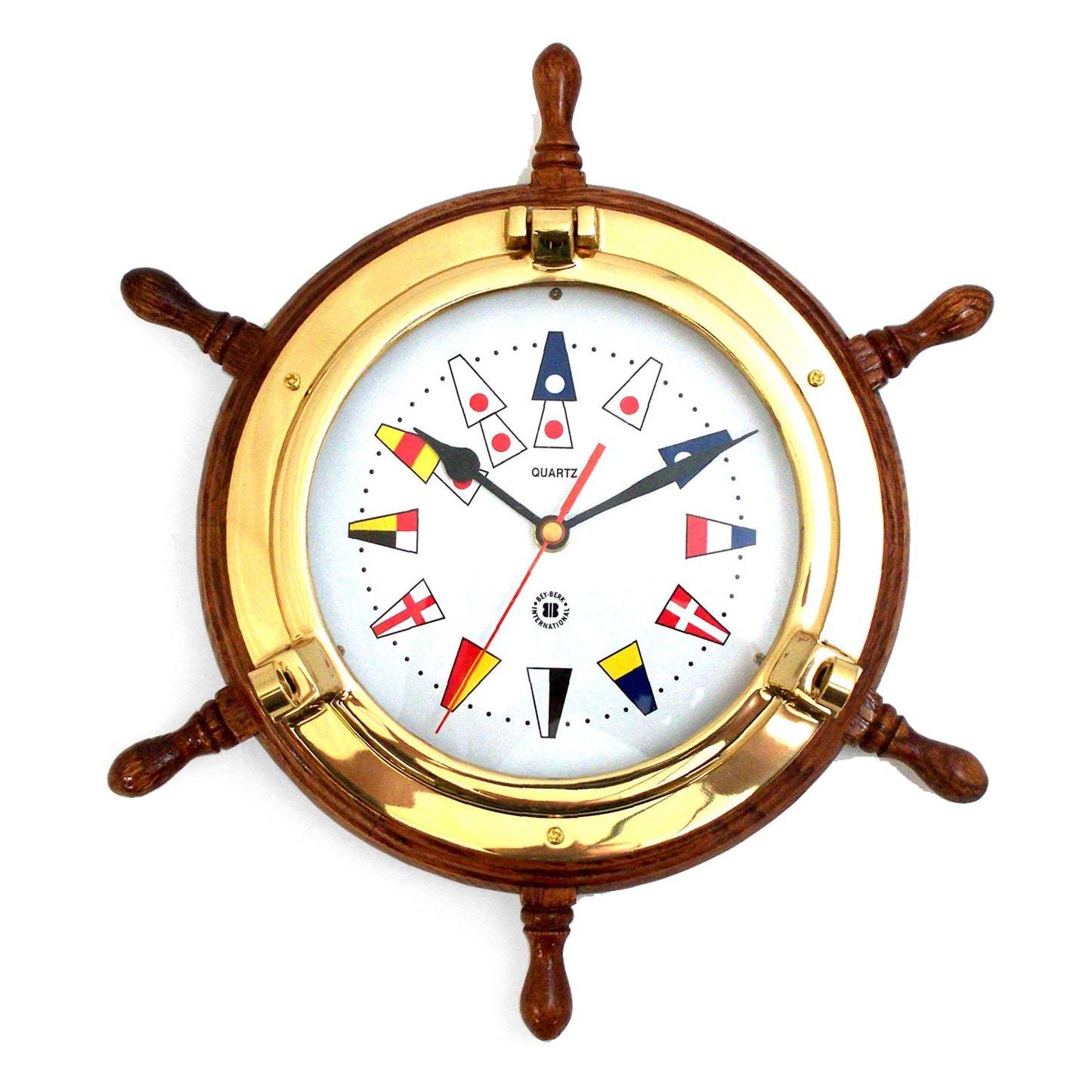 Occasion Gallery Oak Wood/Gold Color Lacquered Brass Porthole Quartz Clock on Oak Ship's Wheel with Nautical Flags Dial Face. 13.5 L x 3.5 W x H in.