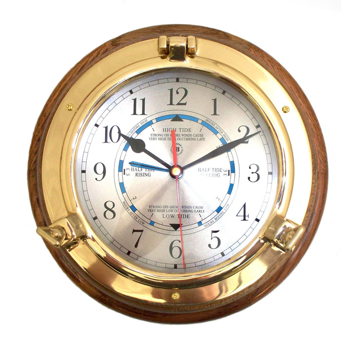 Occasion Gallery Oak Wood/Gold Color Lacquered Brass Porthole Tide & Time Quartz Clock on Oak Wood. 9.5 L x 2.5 W x  H in.