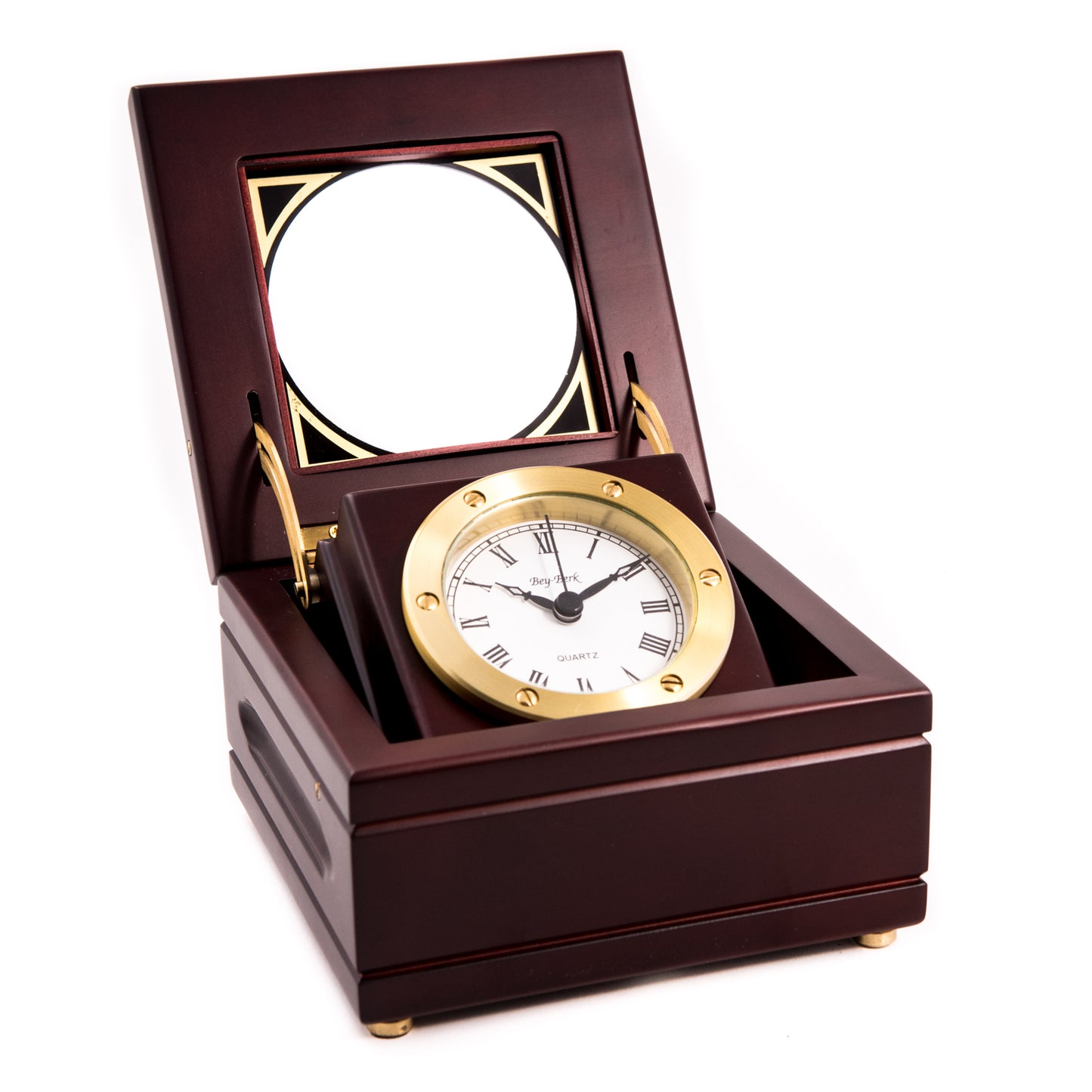 Occasion Gallery Mahogany Color Quartz Clock in Mahogany Hinged Box with Glass Top. 5.75 L x 5.75 W x 3.5 H in.