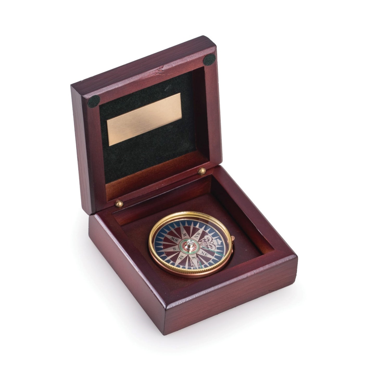 Occasion Gallery Mahogany Color Brass Compass in Mahogany Wood Hinged Box. 3.5 L x 3.5 W x 4.25 H in.