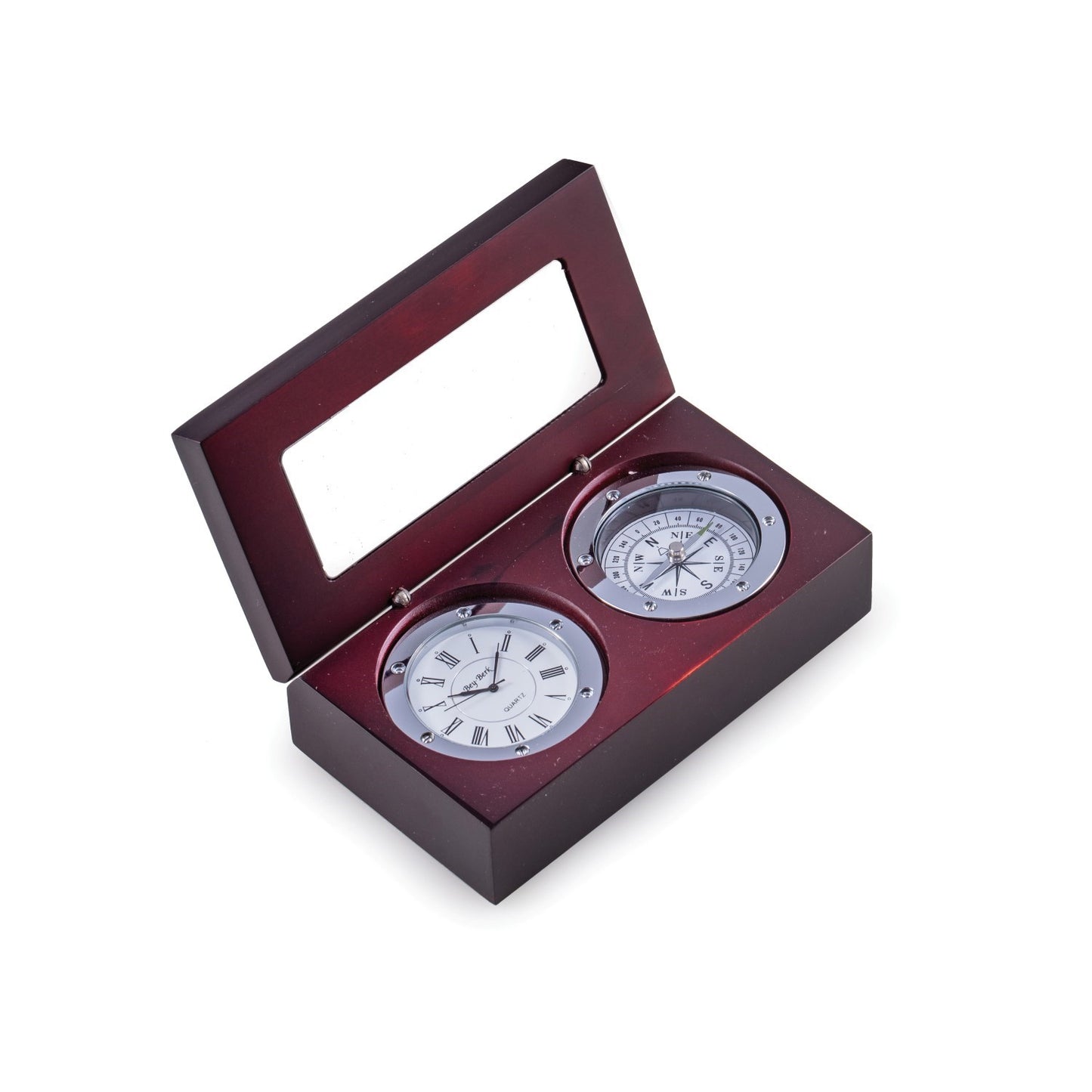 Occasion Gallery Mahogany Color Compass and Clock in Mahogany Hinged Box with Chrome Plate and Accents. 4 L x 5.5 W x 3 H in.
