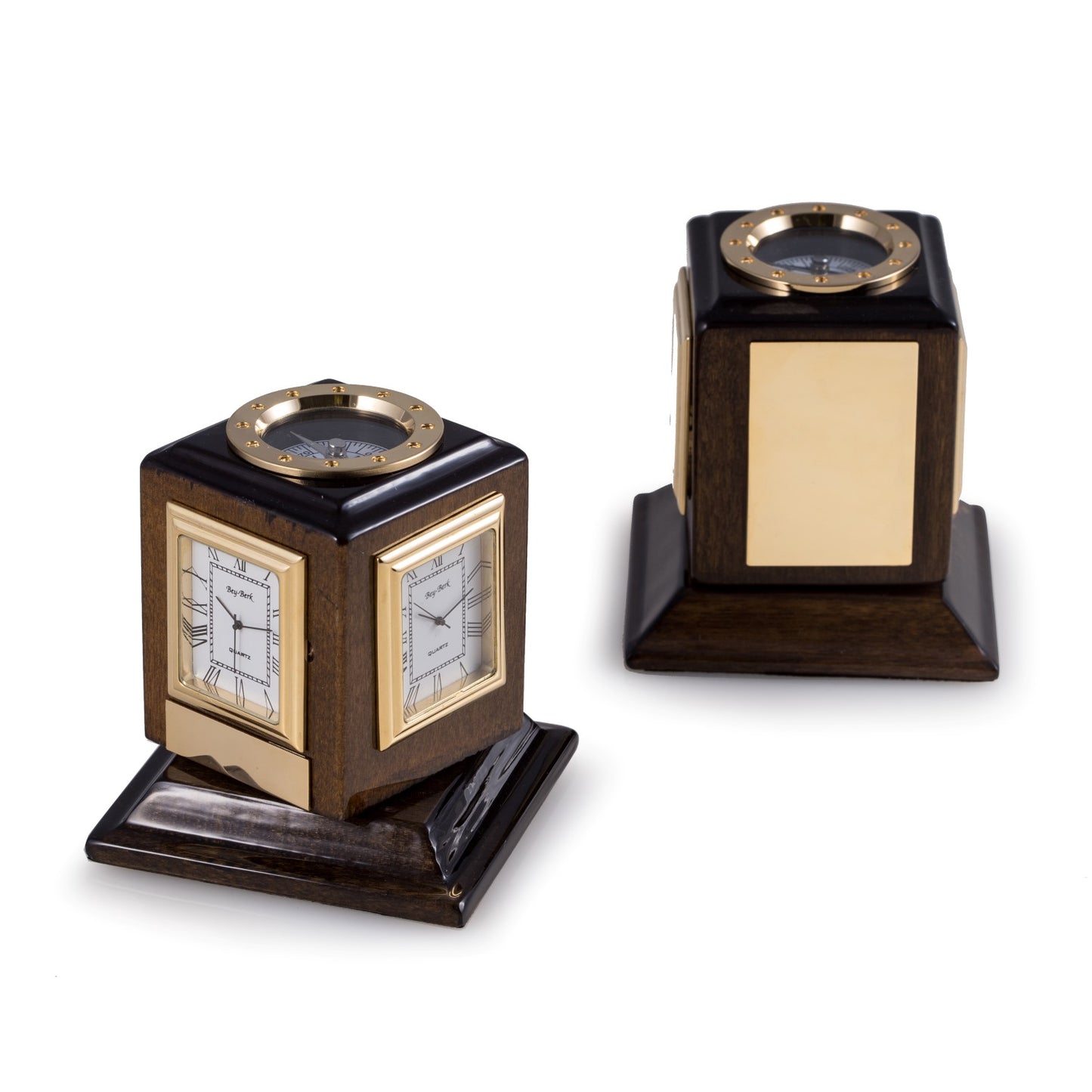 Occasion Gallery Walnut Color Lacquered Walnut Wood Three Time Zone Revolving Desk Clock with Compass Top and Engraving Plates. 3.35 L x 3.35 W x 3.5 H in.