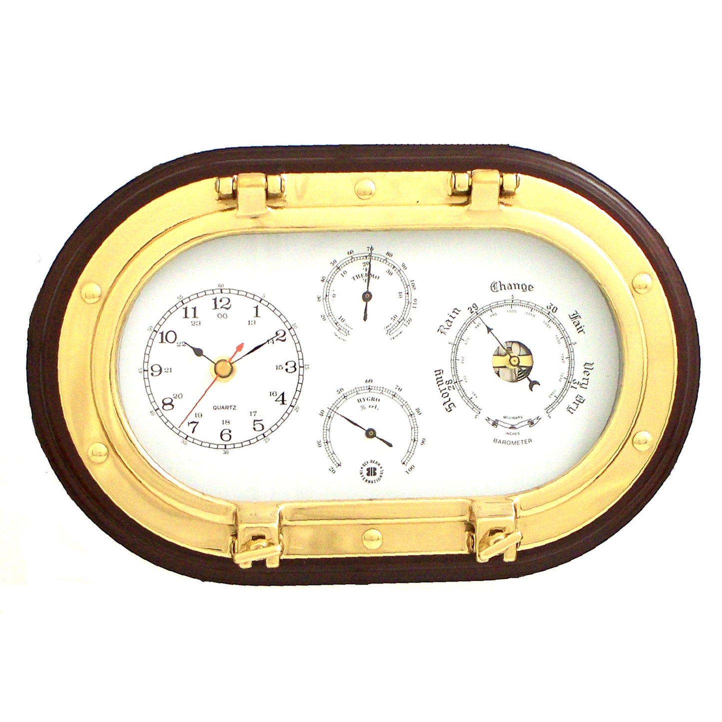 Occasion Gallery Mahogany Color Lacquered Brass Oval Porthole Quartz Clock, Barometer, Thermometer and Hygrometer on Mahogany Wood. 12 L x 3.25 W x 8 H in.