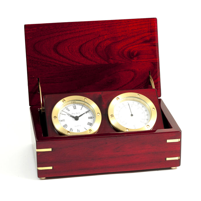 Occasion Gallery Rosewood Color Quartz Clock and Thermometer in Lacquered Rosewood Hinged Box with Brass Accents. 10 L x 6 W x 3.75 H in.