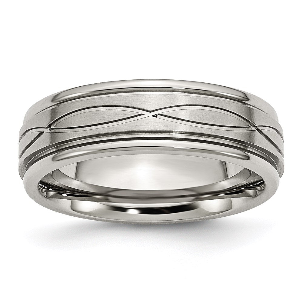 Joyería de moda unisex, anillo de acero inoxidable de la marca Chisel con diseño entrecruzado pulido/cepillado, banda de 7 mm con borde estriado