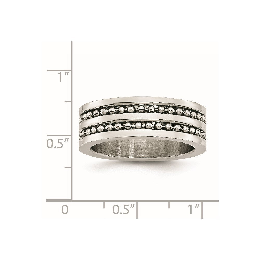 Unisex Fashion Jewelry, Chisel Brand Stainless Steel 8mm Double Row Beaded Polished Ring Band