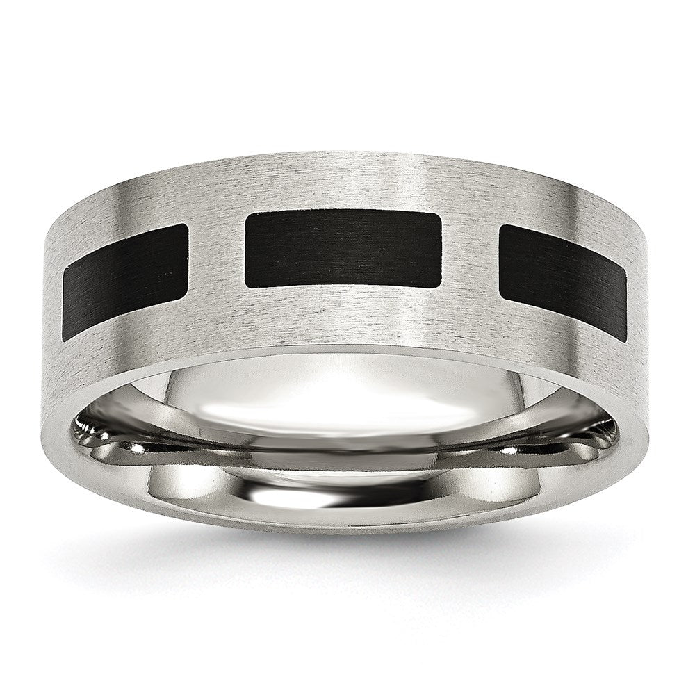 Joyería de moda unisex, anillo de acero inoxidable de la marca Chisel con banda de caucho negro plano de 8 mm cepillado