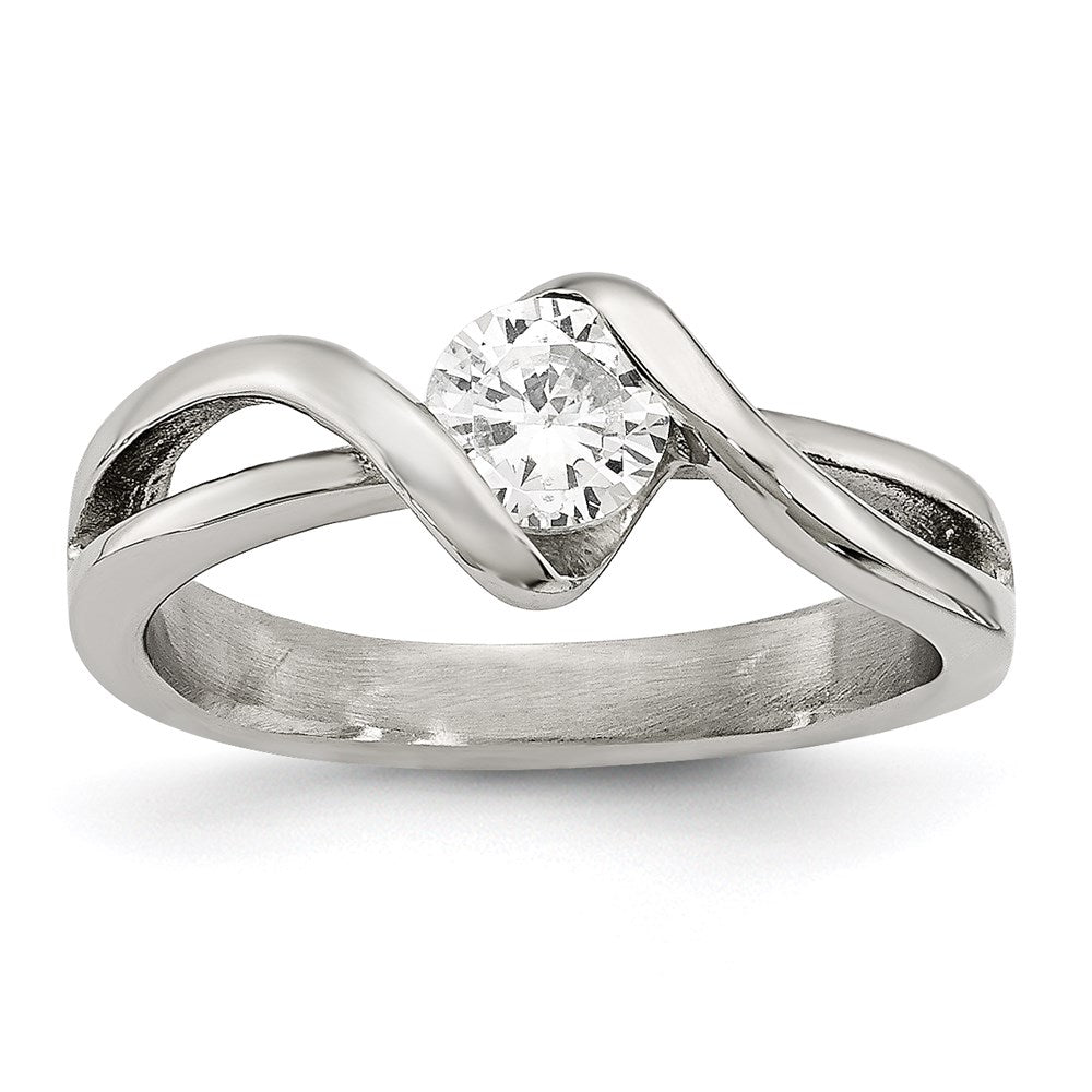 Joyería de moda para mujer, anillo redondo de acero inoxidable pulido con circonita cúbica de la marca Chisel