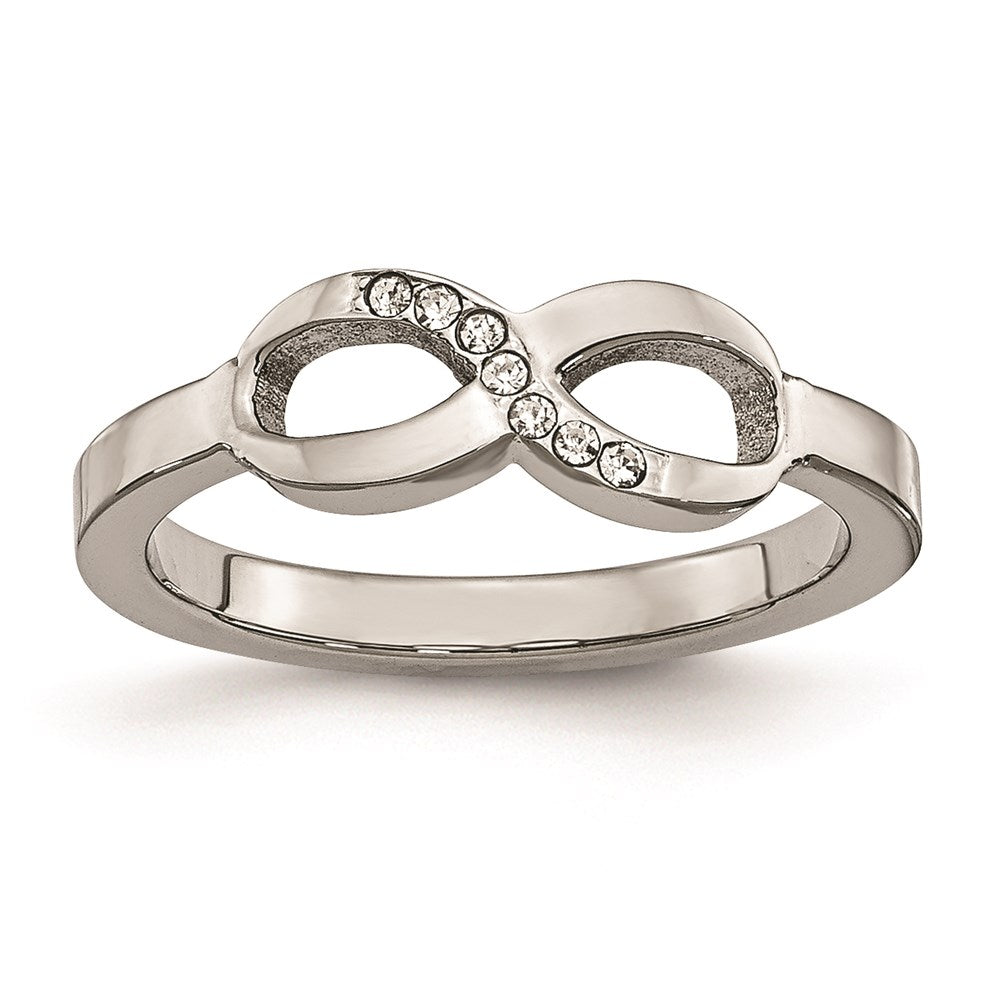 Joyería de moda para mujer, anillo de acero inoxidable pulido con símbolo de infinito y circonita cúbica de la marca Chisel