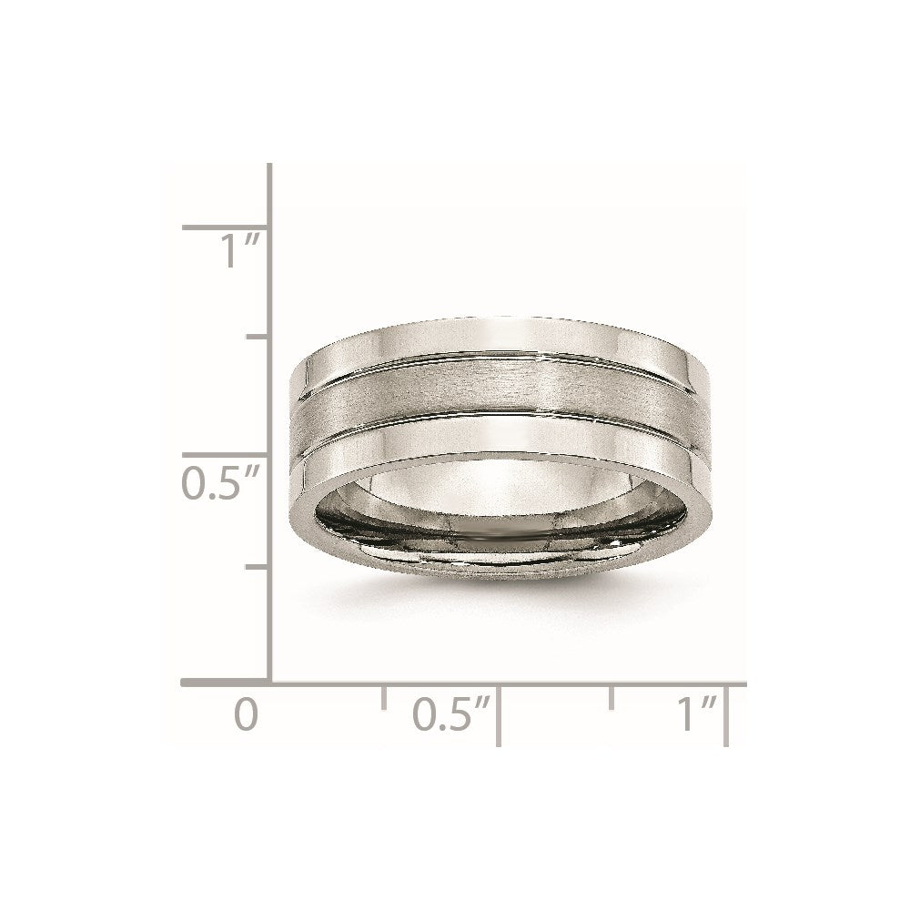 Unisex Fashion Jewelry, Chisel Brand Stainless Steel Grooved 8mm Satin and Polished Ring Band