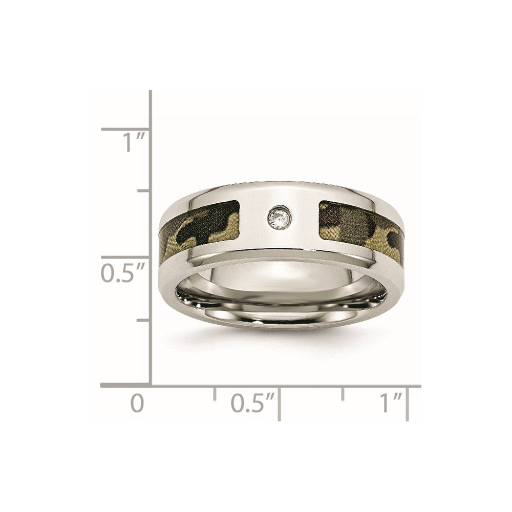 Men's Fashion Jewelry, Chisel Brand Stainless Steel Polished w/ CZ Printed Brown Camo Under Rubber Ring Band