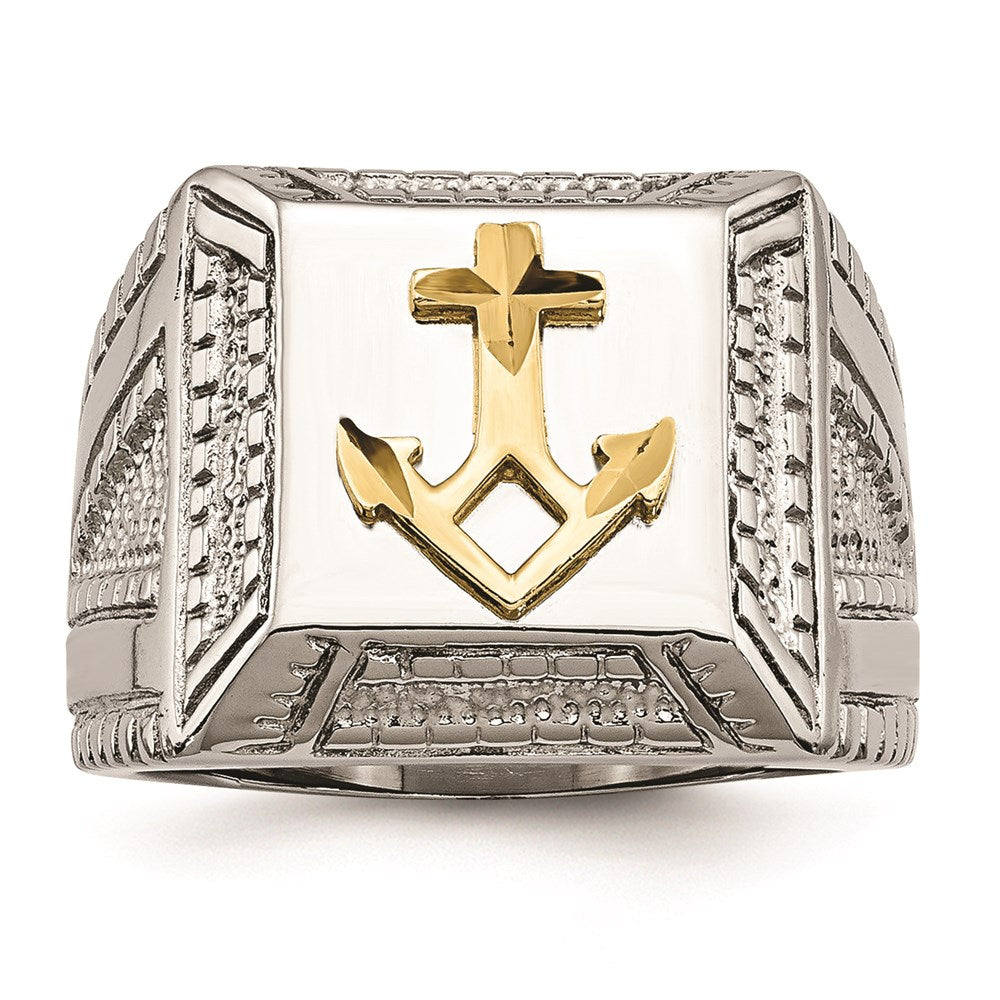 Joyería de moda para hombre, anillo de ancla de la marca Chisel en acero inoxidable pulido con baño de oro amarillo y plata de ley