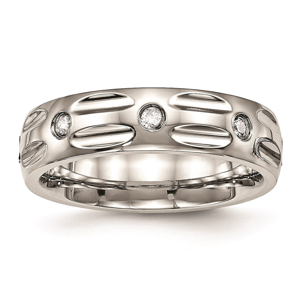 Joyería de moda unisex, anillo de acero inoxidable pulido con ranuras y circonita cúbica, marca Chisel