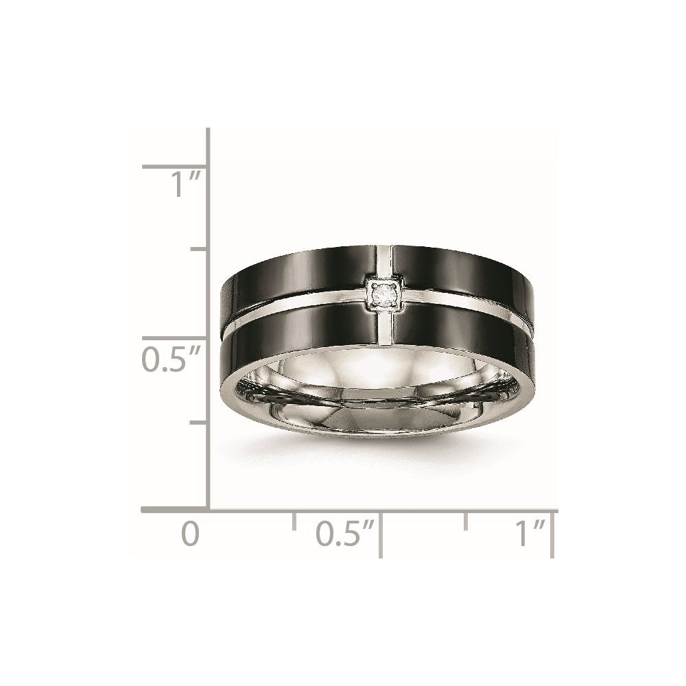Unisex Fashion Jewelry, Chisel Brand Stainless Steel Polished Black IP Grooved CZ Comfort Back Ring