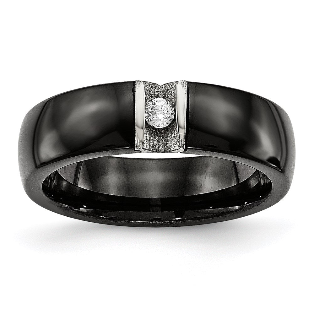 Joyería de moda unisex, anillo de acero inoxidable pulido y cerámica negra cortada a láser con circonita cúbica de la marca Chisel