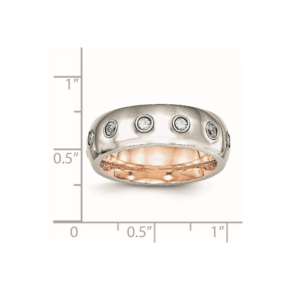 Unisex Fashion Jewelry, Chisel Brand Stainless Steel Polished Rose IP CZ Half Round Ring