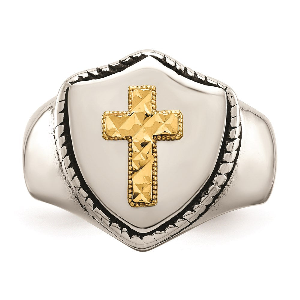 Men's Fashion Jewelry, Chisel Brand Stainless Steel w/14k Accent Antiqued & Polished Cross on Shield Ring
