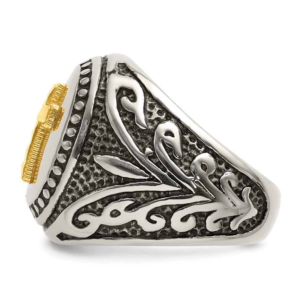 Men's Fashion Jewelry, Chisel Brand Stainless Steel w/14k Accent Antiqued and Polished Cross Ring