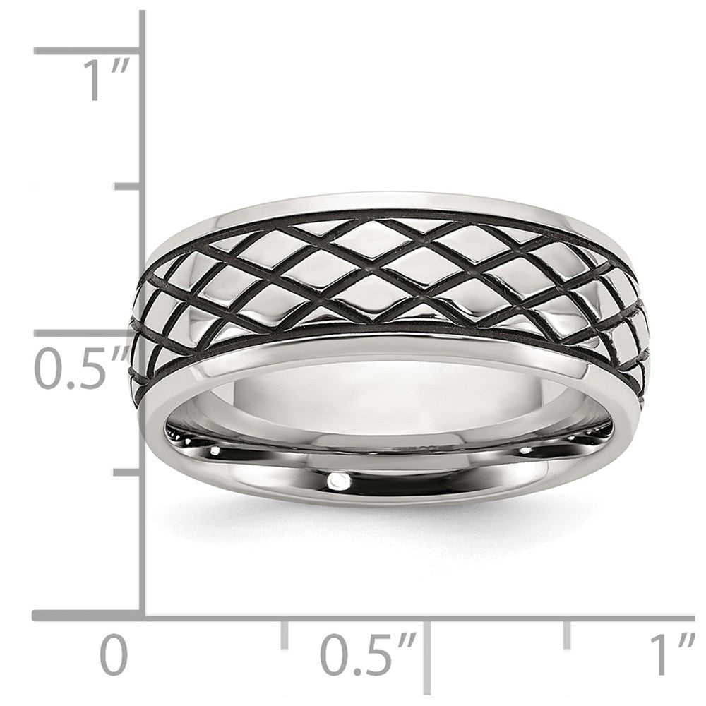 Men's Fashion Jewelry, Chisel Brand Stainless Steel Polished and Antiqued Checkered Pattern 8mm Ring Band