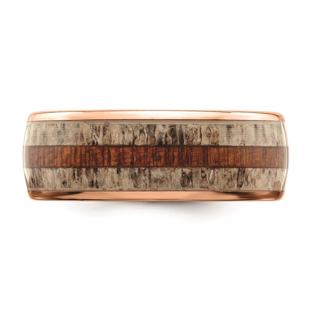 Men's Fashion Jewelry, Chisel Brand Stainless Steel Polished Rose IP w/Wood and Antler Inlay 8mm Ring Band