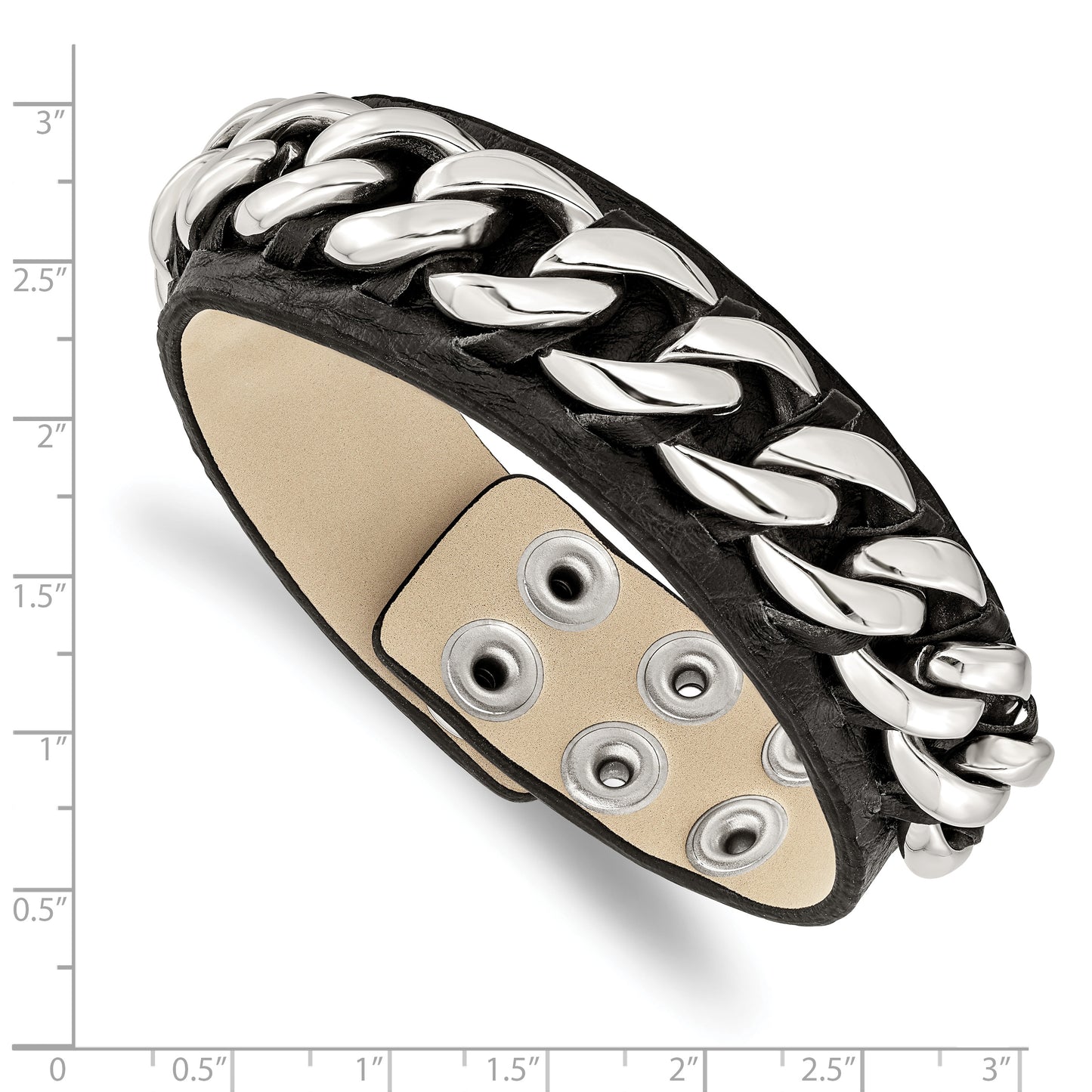 Chisel Brand Jewelry, Stainless Steel Black Leather with Chain 8.5in Bracelet