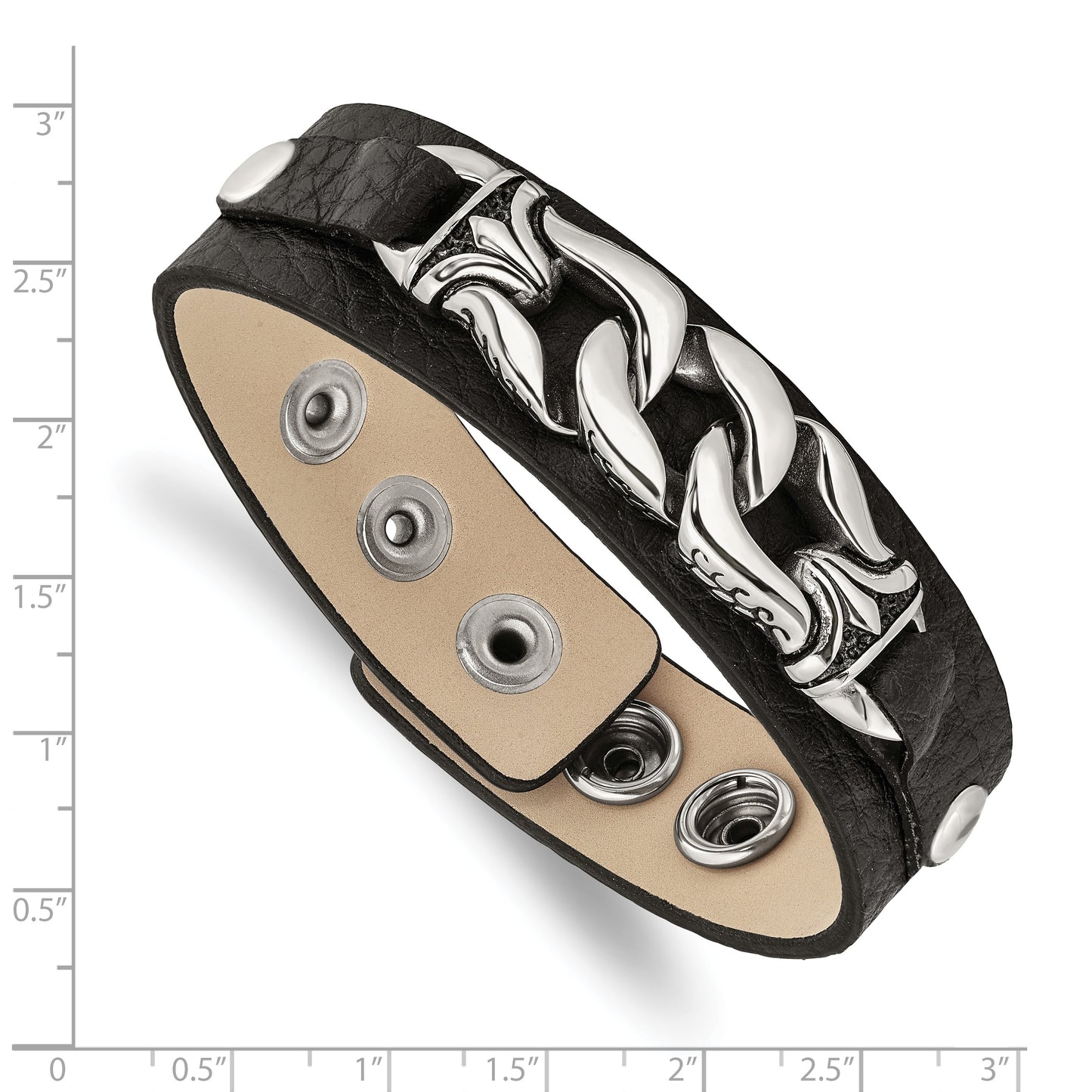 Chisel Brand Jewelry, Stainless Steel Black Leather with Antiqued Chain 8.5in Bracelet