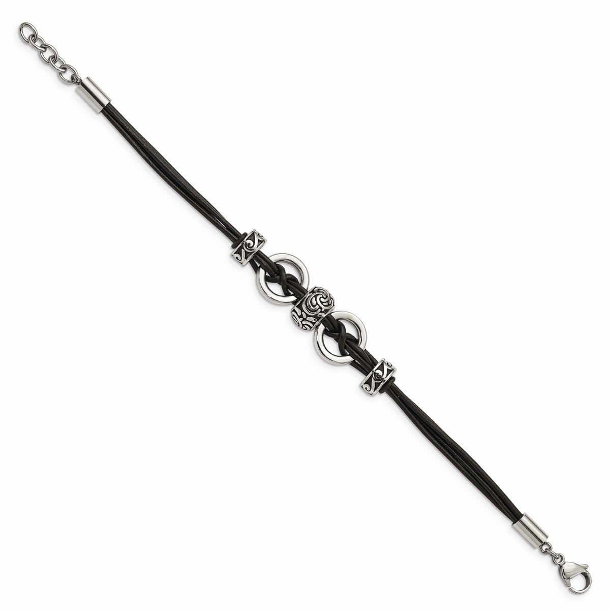 Chisel Brand Jewelry, Stainless Steel Black Leather with Antiqued Beads 8.25in with ext Bracelet
