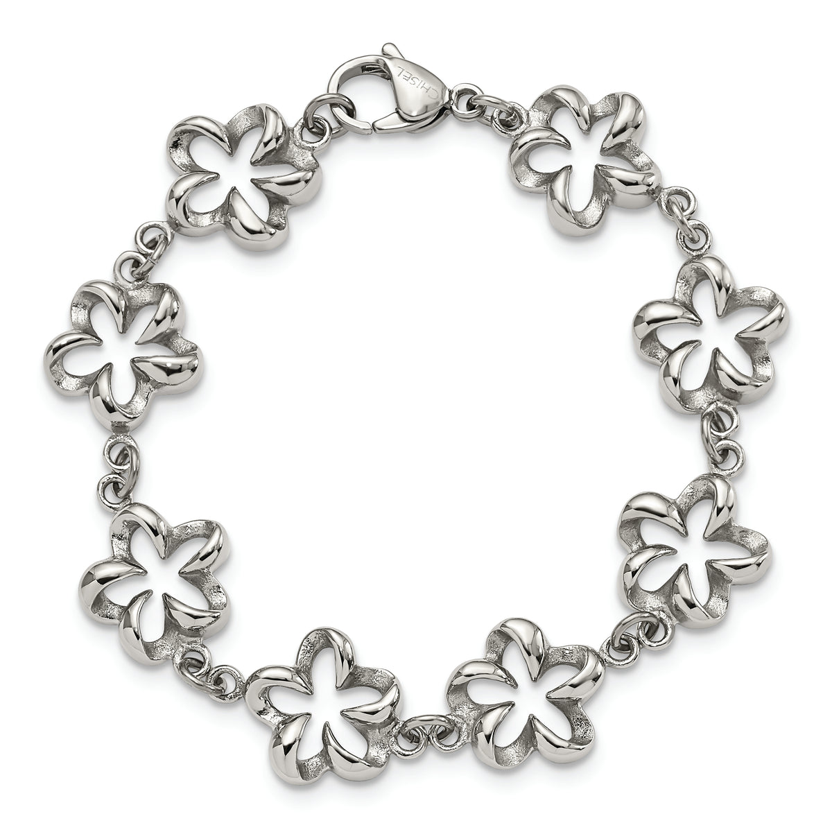 Chisel Brand Jewelry, Stainless Steel Polished Cut-out Flowers 7.5in Bracelet