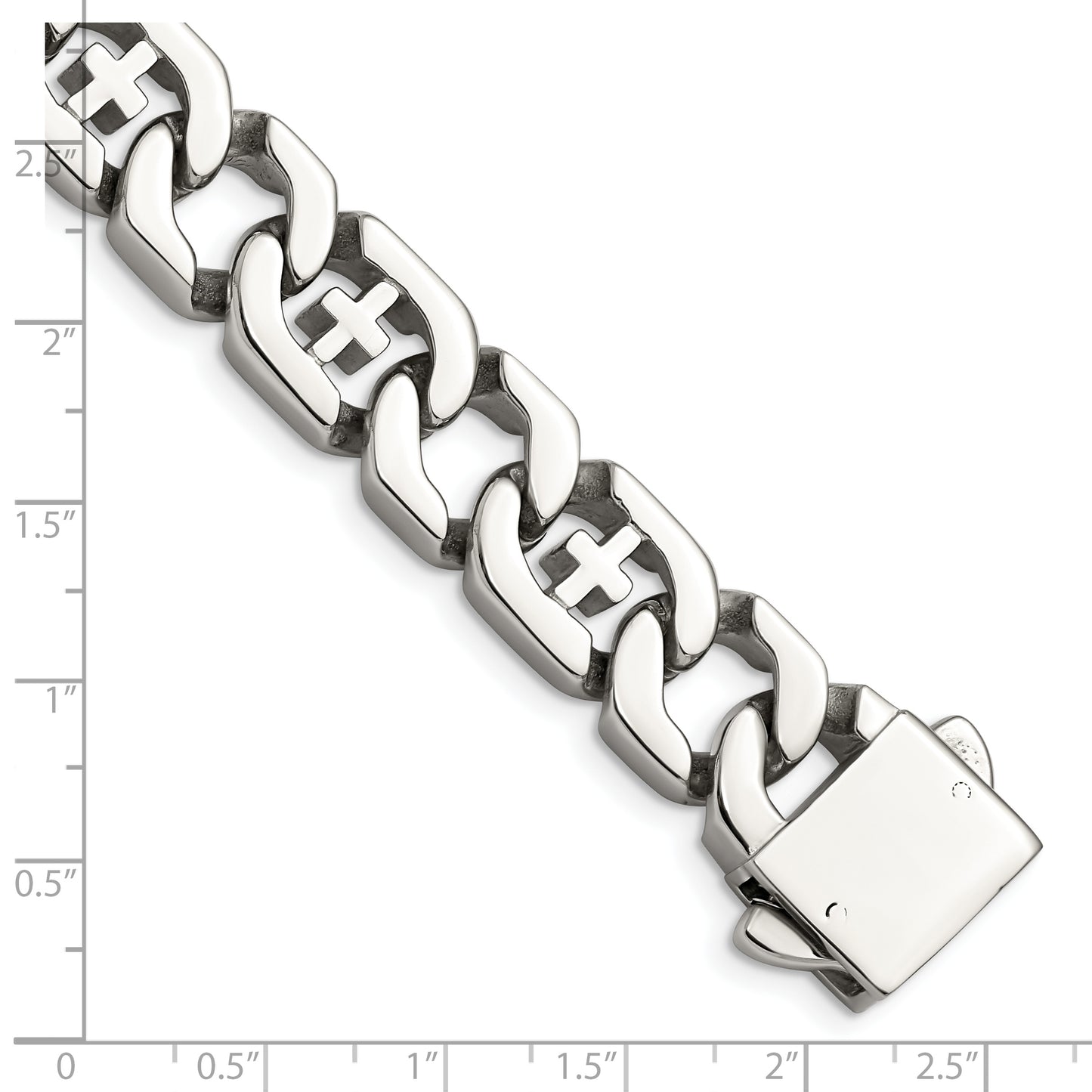 Chisel Brand Jewelry, Stainless Steel Polished Link with Crosses 8.5in Bracelet