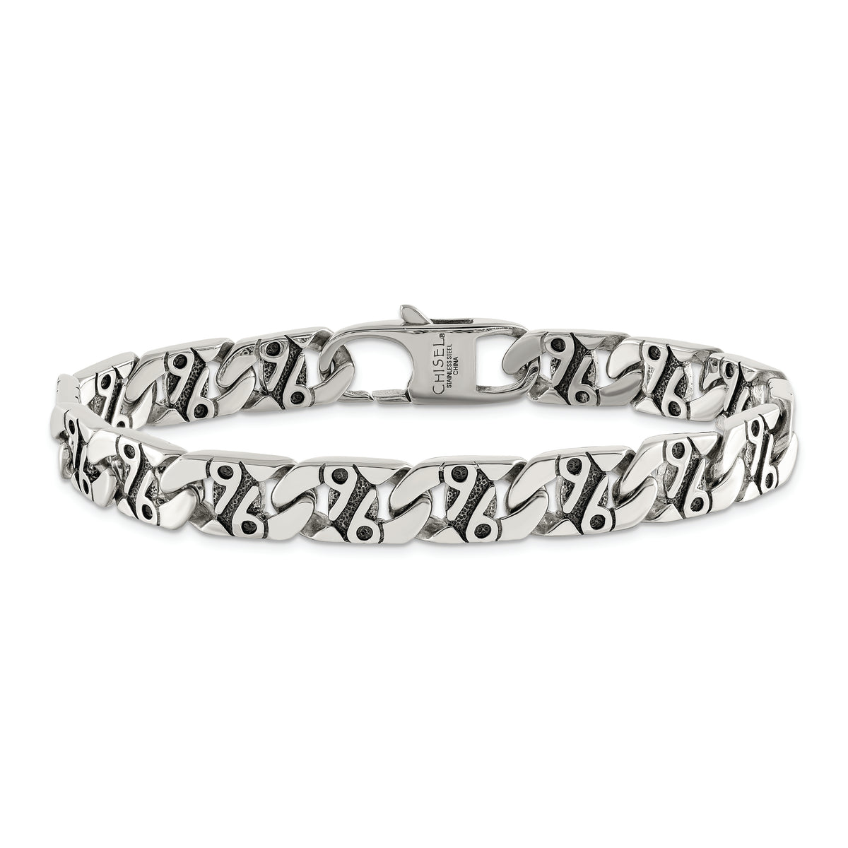 Chisel Brand Jewelry, Stainless Steel Polished & Antiqued Links 8.75in Bracelet
