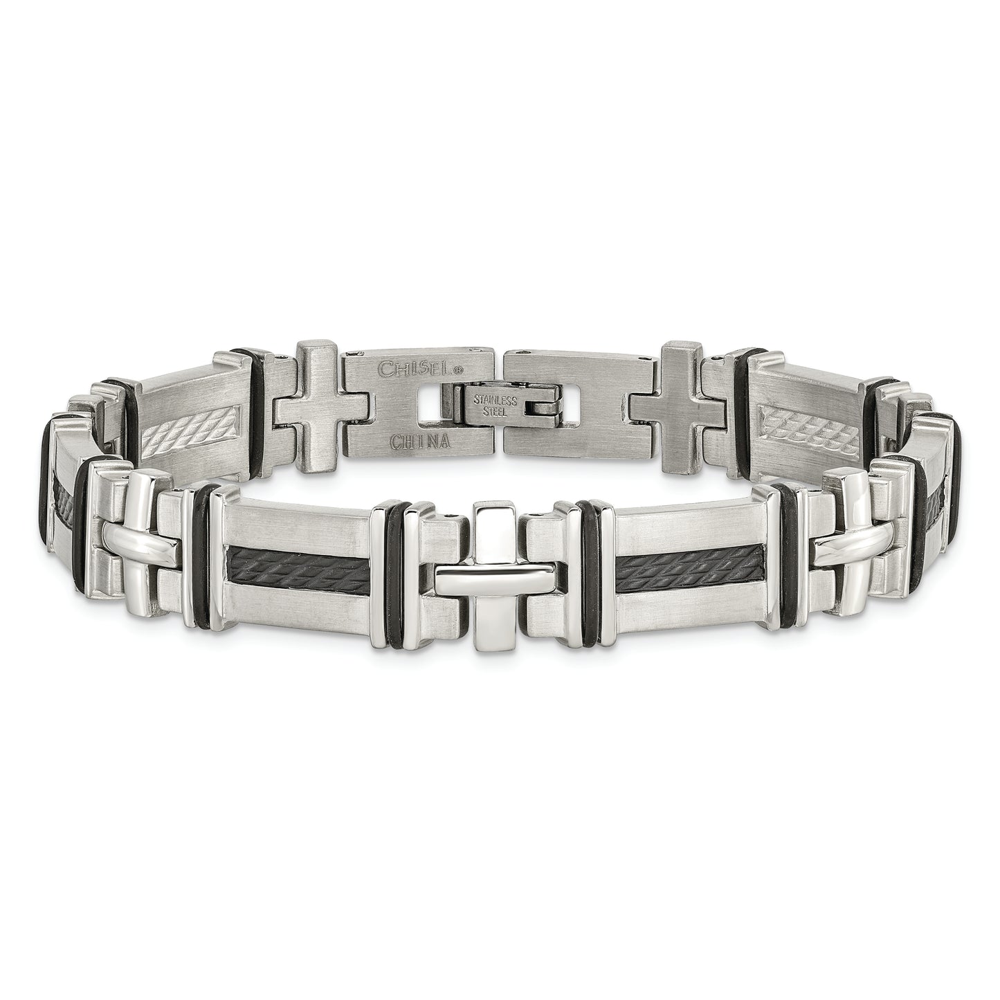 Chisel Brand Jewelry, Stainless Steel Black Rubber and Black-plated 8in Men's Bracelet