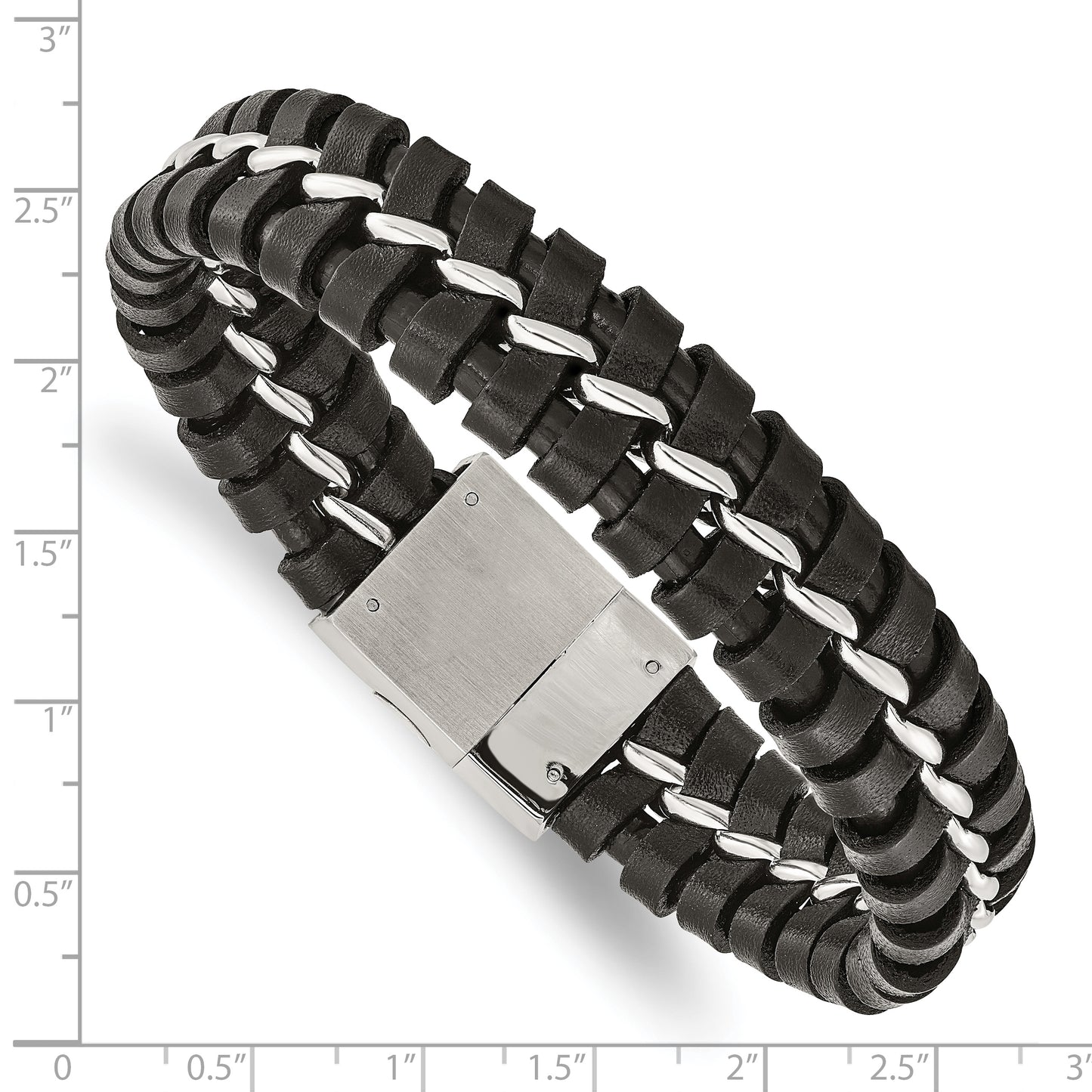 Chisel Brand Jewelry, Stainless Steel Black Leather Brushed and Polished Men's Bracelet