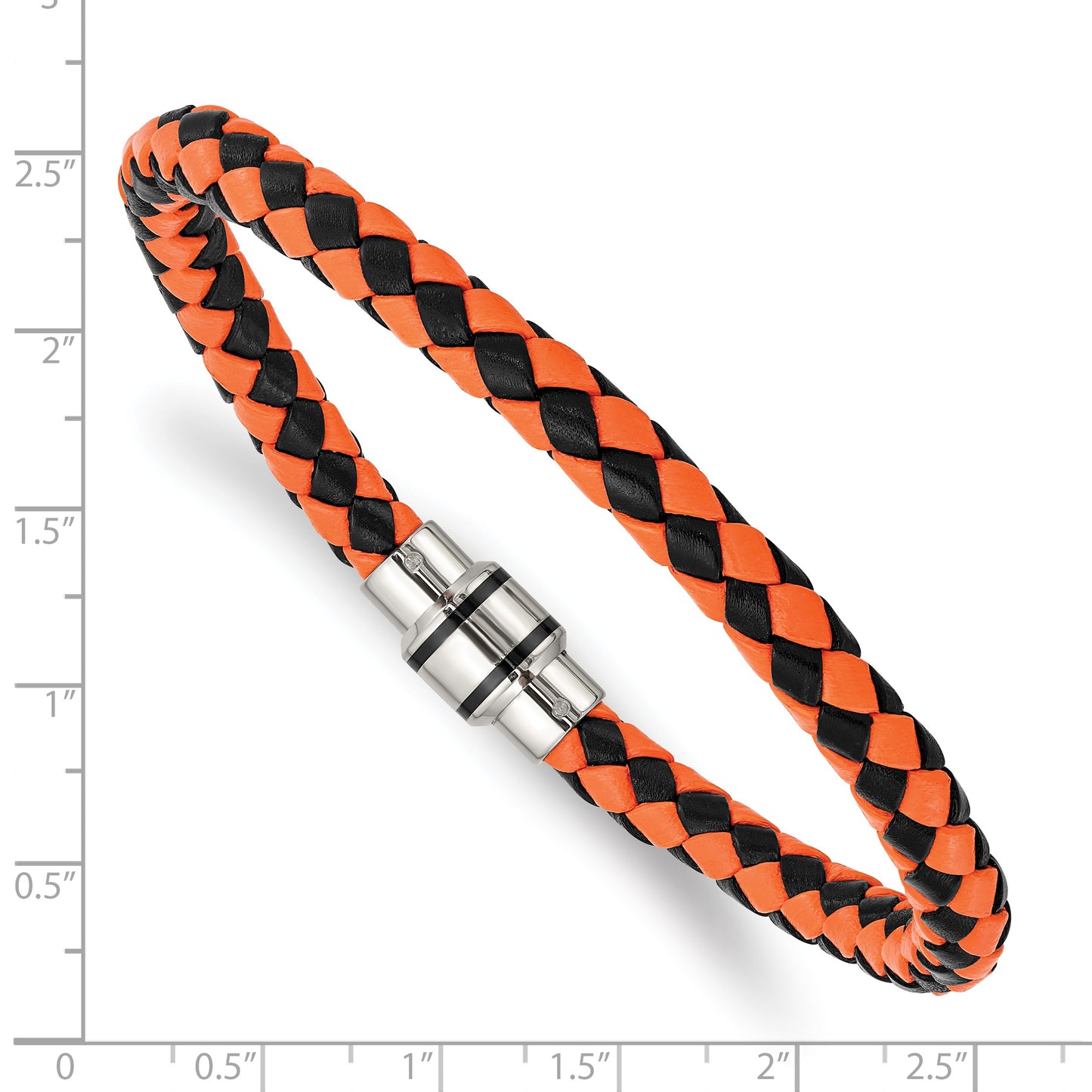 Chisel Brand Jewelry, Stainless Steel Polished Black IP Black/Orange Woven Leather Men's Bracelet