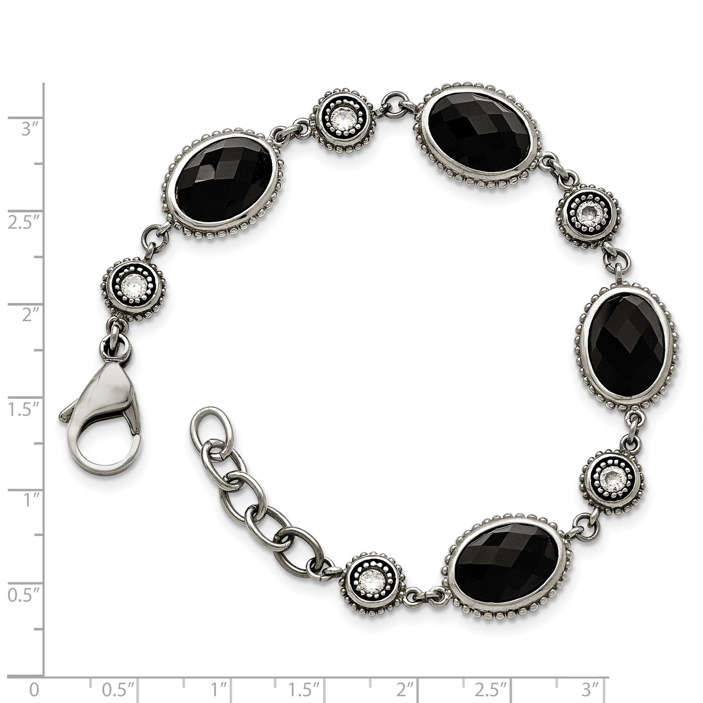 Chisel Brand Jewelry, Stainless Steel Polished Black Onyx/CZ with .75in ext. Bracelet