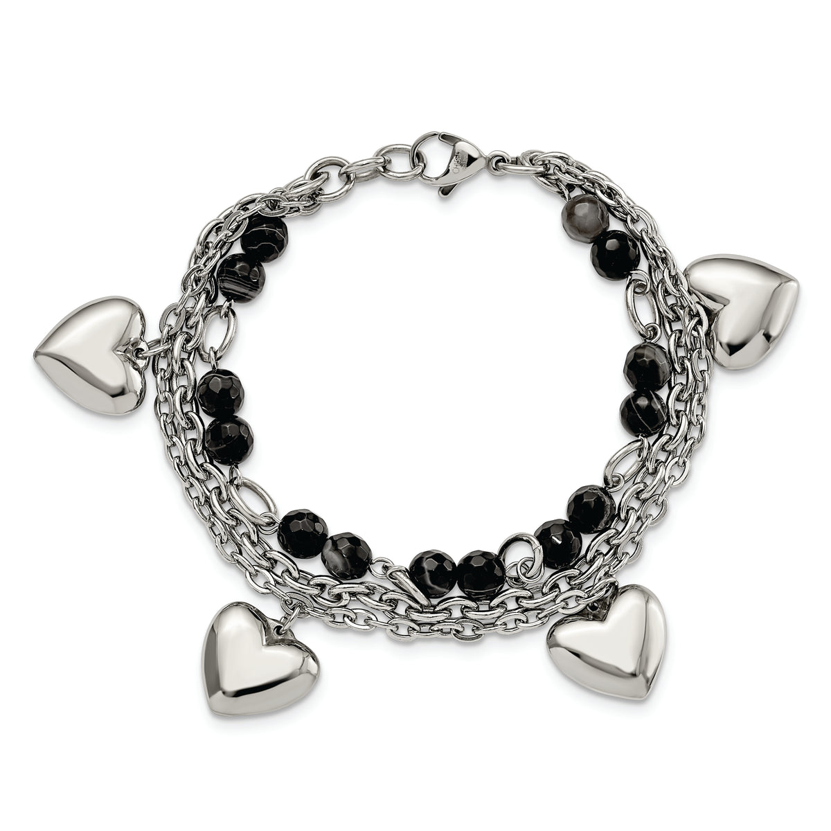 Chisel Brand Jewelry, Stainless Steel Polished with Black & White Agate with Hearts Bracelet