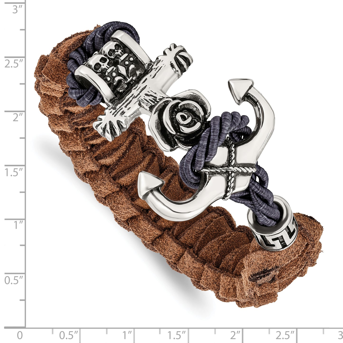Chisel Brand Jewelry, Stainless Steel Nautical Polished Antiqued Brown Leather Anchor Toggle Men's Bracelet