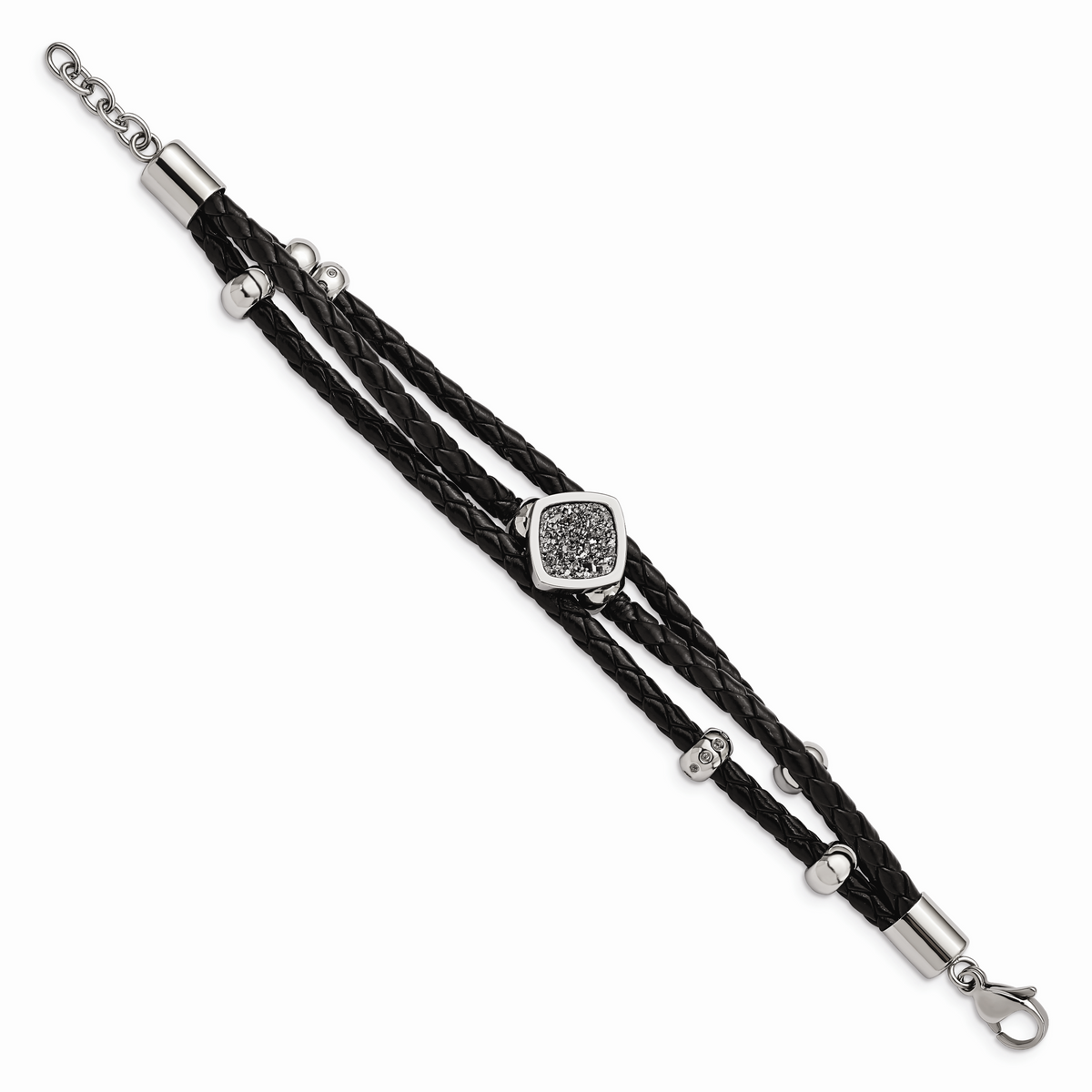 Chisel Brand Jewelry, Stainless Steel Polished with Druzy and Crystal Leather with .75in ext. Bracelet