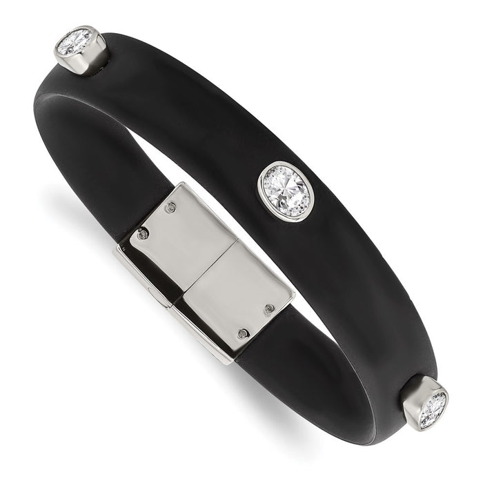 Unisex Fashion Jewelry, Chisel Brand Stainless Steel Polished CZ Silicone Band Bracelet