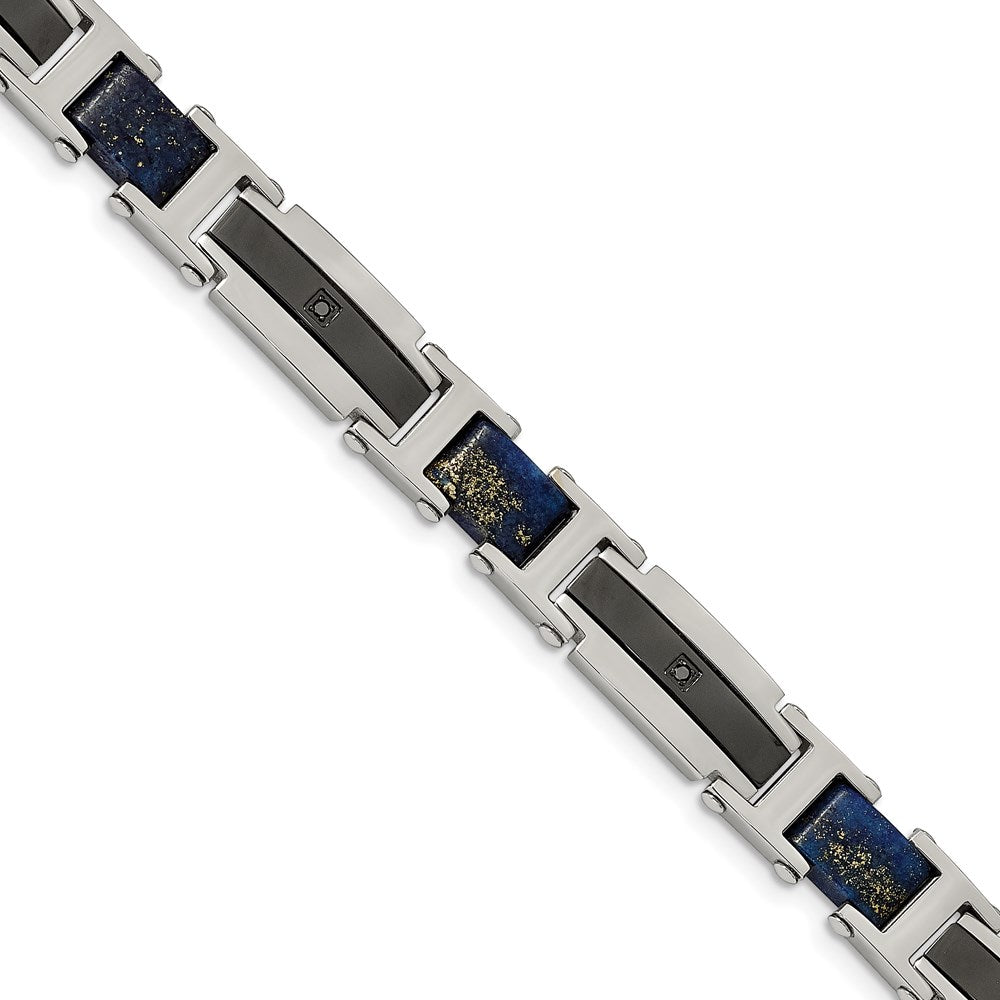 Chisel Brand Jewelry, Stainless Steel Polished Black IP with Genuine Lapis & Black CZ 8.75in Bracel