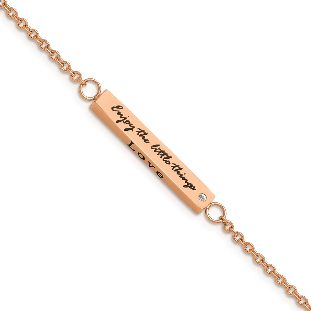 Chisel Brand Jewelry, Stainless Steel IP-plated Rose CZ Enjoy the little with 1.5in ext Bar Bracelet