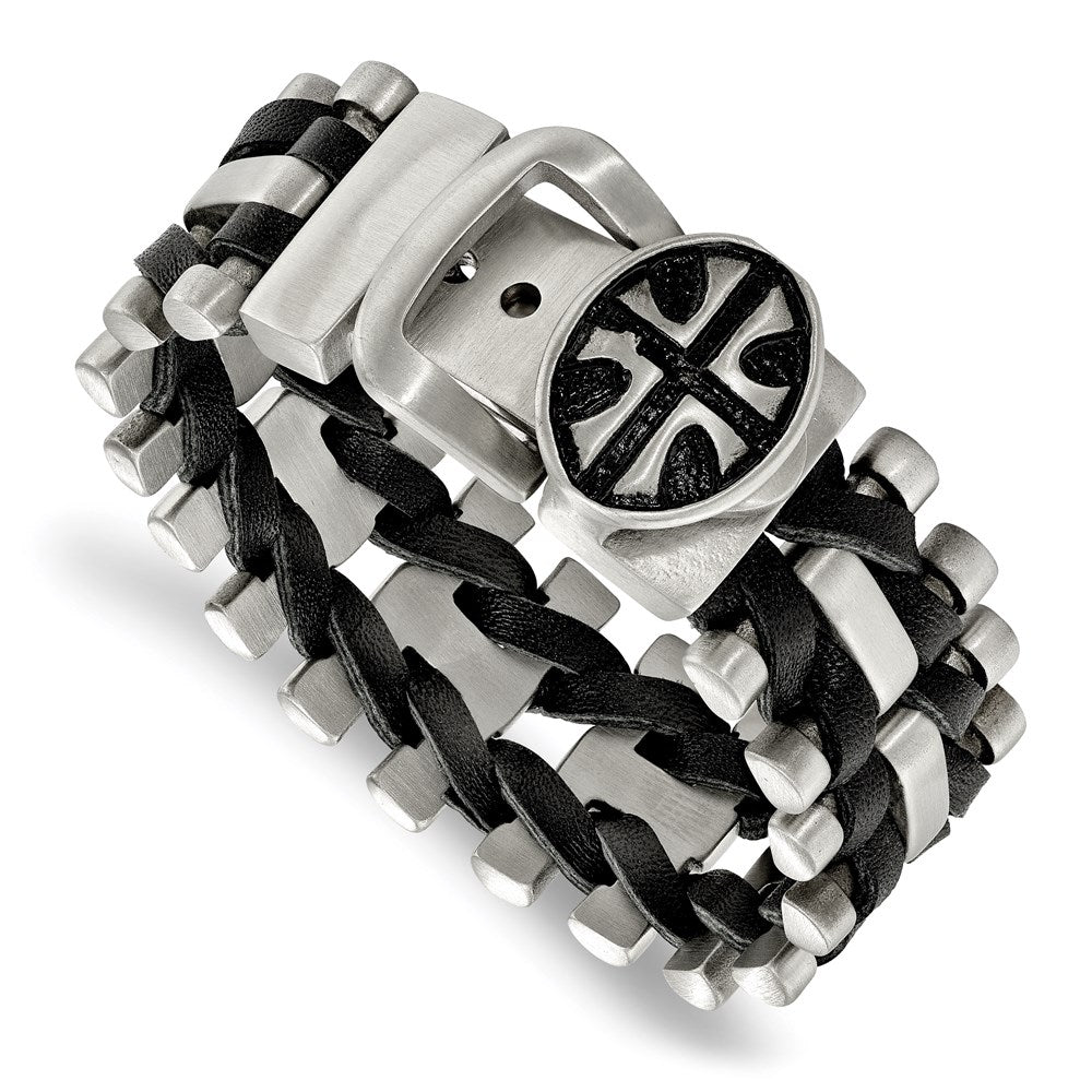 Chisel Brand Jewelry, Stainless Steel Brushed Antiqued Textured Adj. Cross Black Leather Bracelet