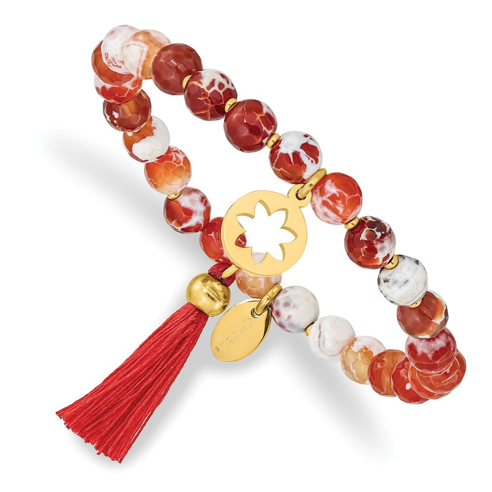 Chisel Brand Jewelry, Stainless Steel Polished Yellow IP Flower Orange Agate Stretch Bracelet